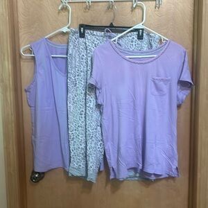 3 piece capri pj set. Some light staining on the shirt with sleeves. But comfy!